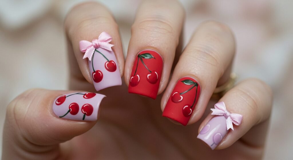 Cherry and Bow design nail art