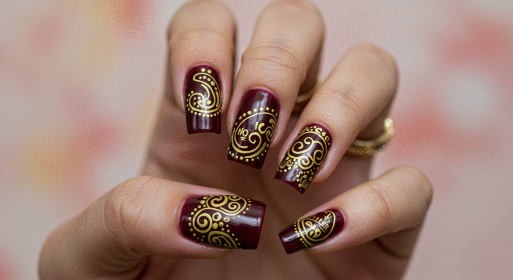 Gold Design and Dark Red Nail Art for Karwa Chauth