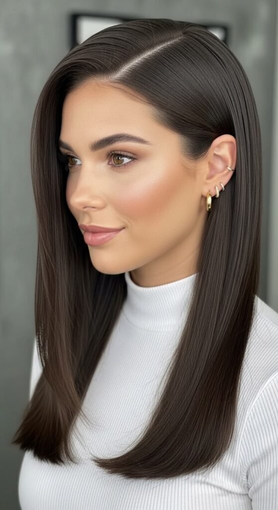 16 Must-Try Long Hairstyle Ideas _ Ultra-Sleek Middle Part