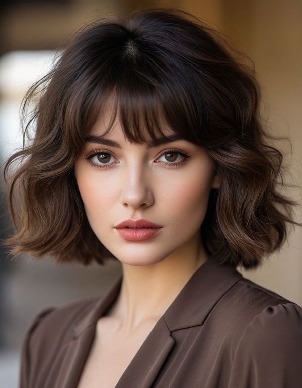 23 French Hairstyles for Effortless Chic Style _ Soft Wavy Bob with Curtain Bangs