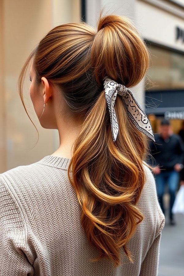 40 Ponytail Hairstyles for an Instant Hair Upgrade _ Voluminous Ponytail with a Scarf Tie