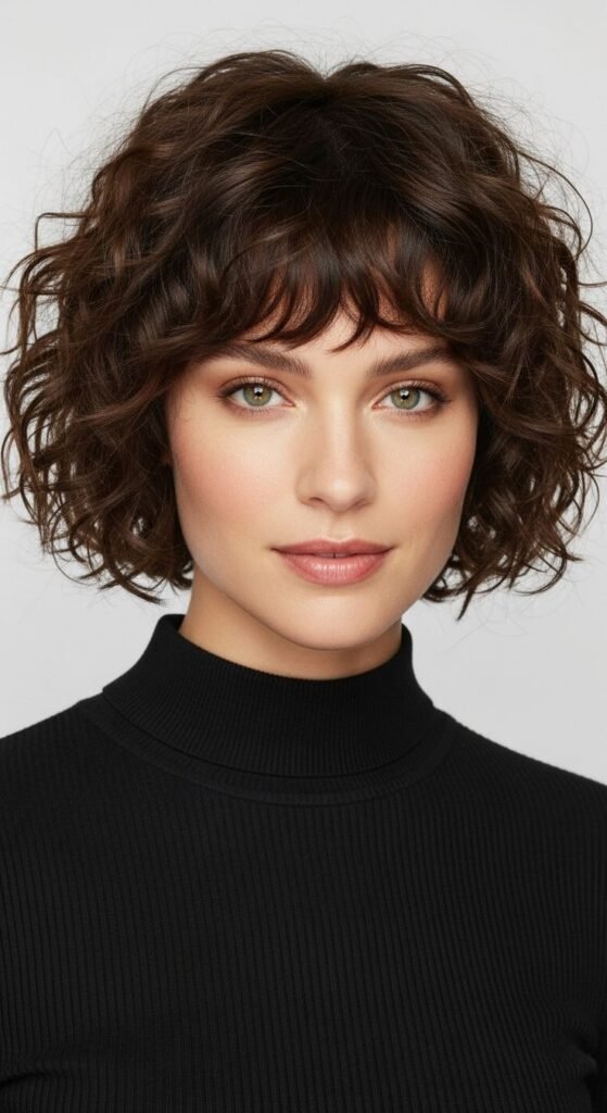 55+ Curly Hairstyles For Women Over 60 – Cropped Curly Bob With Bangs