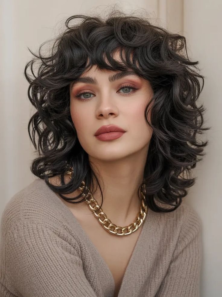 Best Shag Haircut Ideas 2026_ Voluminous Curly Shag With Rounded Fringe