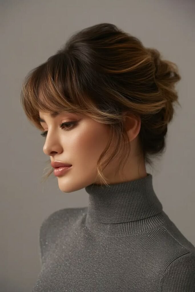 Best Women Hairstyles for Winter 2025–2026_ Soft Bun with Curtain Bangs