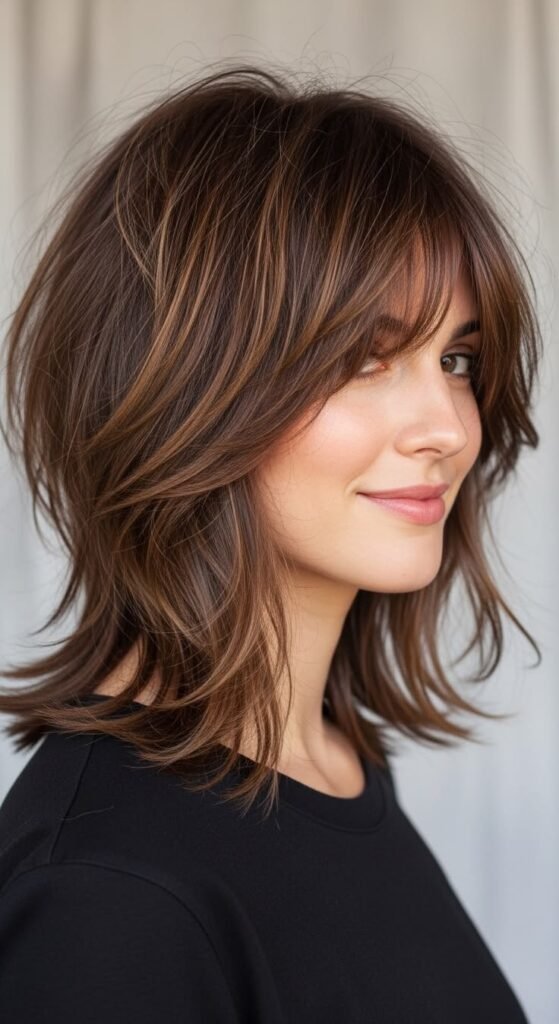 Choppy Layers Hairstyle Ideas _ Textured Brunette Shag with Curtain Bangs