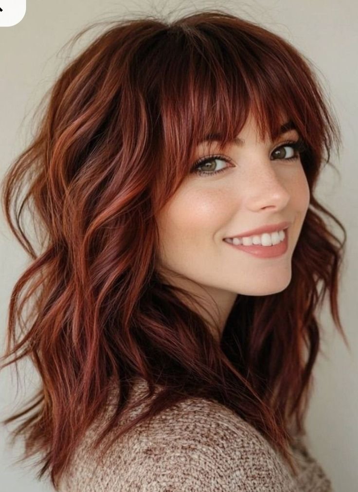 Copper Brunette Balayage with a Shaggy Fringe