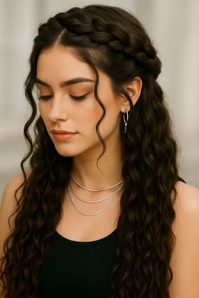 Elegant Braided Crown with Natural Waves ✨