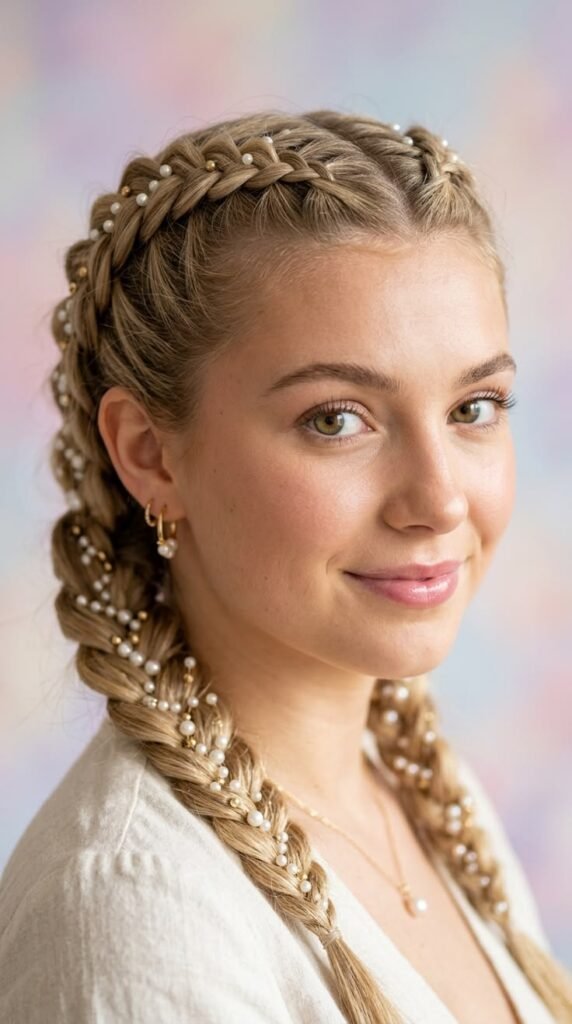 Elevated Dutch Braids with Pearl Accents