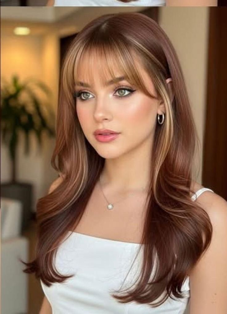 Honey Brown Balayage and Wispy Bangs
