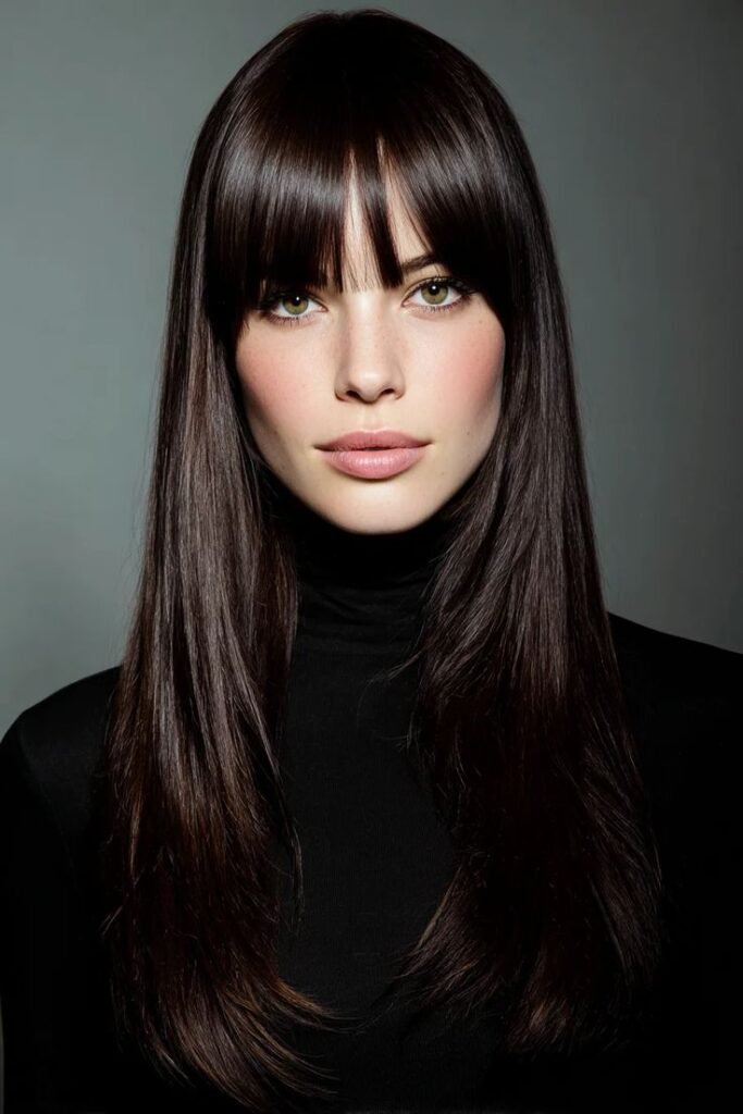 Long Sleek Straight Hair with Blunt Fringe (Bangs)