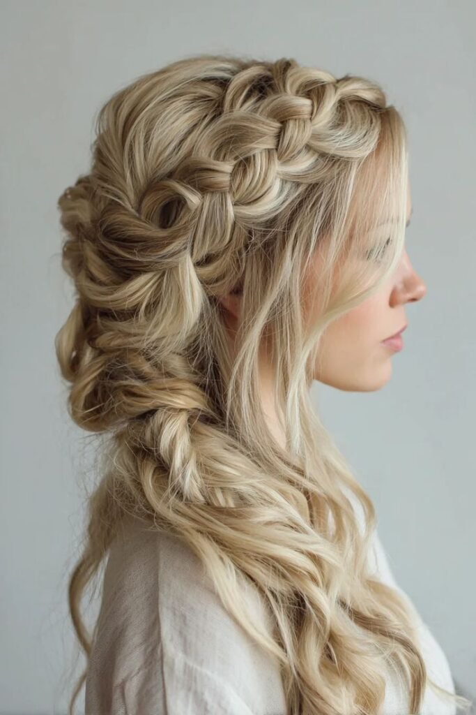 Loose Dutch Crown into Twisted Side Braid — Boho Half-Up Hairstyle