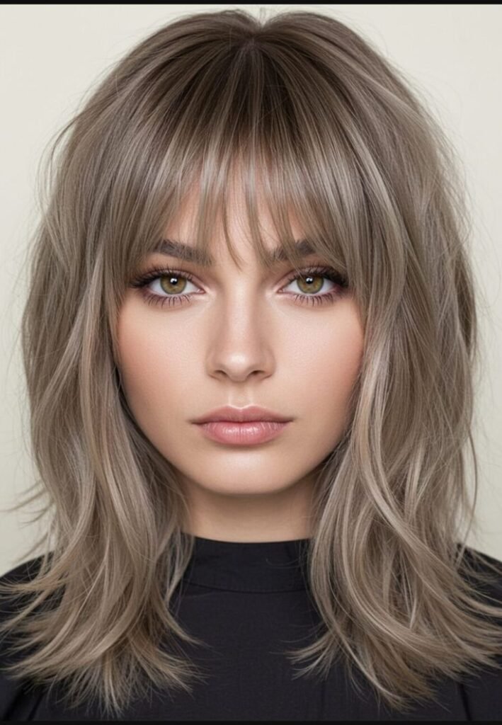 Mushroom Brunette Balayage with Side-Swept Bangs