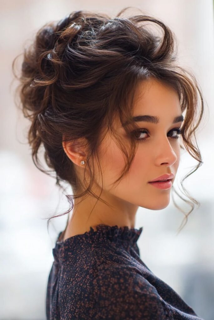 Romantic Textured Messy Updo with Face‑Framing Tendrils