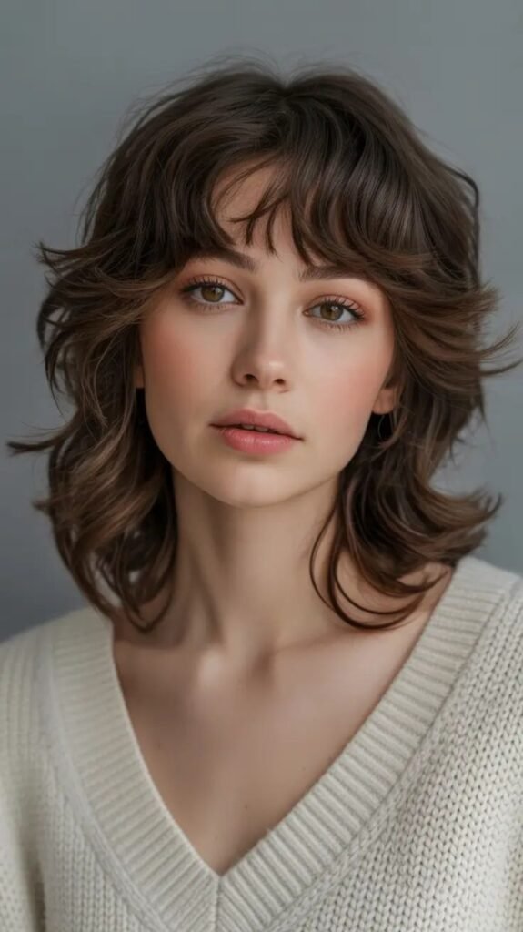 Shag haircut inspiration 2026_ Layered Brunette Shag with Subtle Wavy Lift