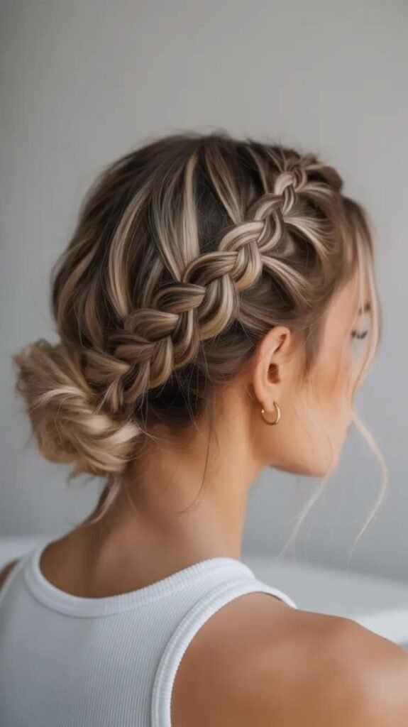 Simple Spring Braids Hairstyle 2026_ Soft Highlighted Crown Braid into Low Bun