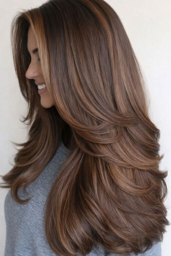 Soft Layered Haircut with Caramel Brown Highlights _ Modern Women Hairstyle