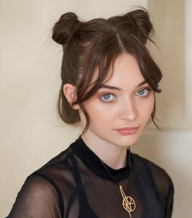 Summer Hairstyles for Short Hair 2026_ Space Buns with Curtain Bangs