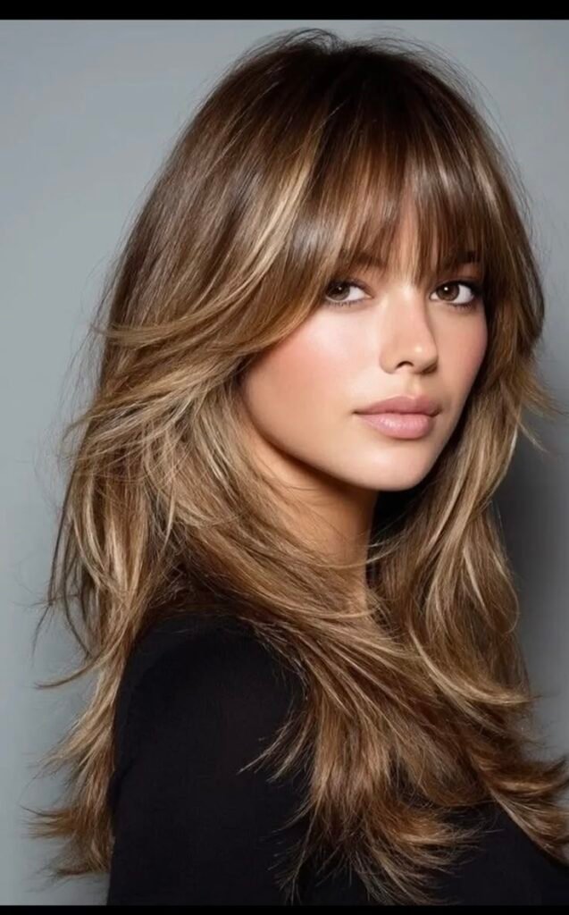 Sun-Kissed-Brunette-Balayage-with-Birkin-Bangs