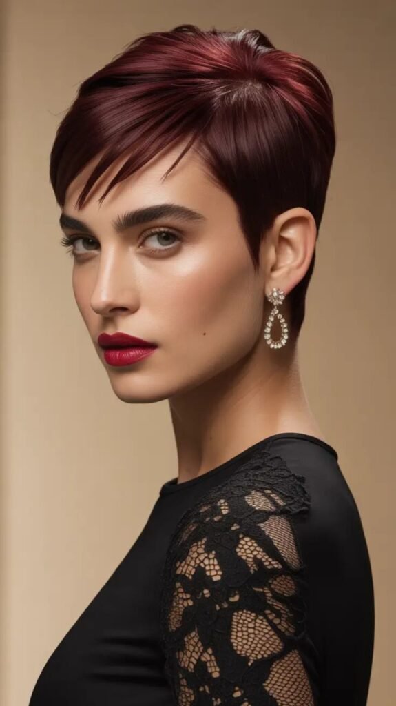 Trendy Pixie Haircuts 2026_ Deep Red Sleek Pixie With Sculpted Detail
