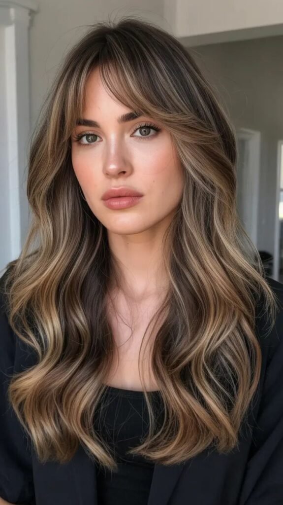 Winter 2025–2026 Hair Colors Highlights_ Honey-Toned Brunette with Curtain Bangs