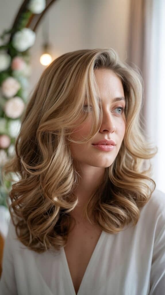soft blowout with long curtain bangs on medium…